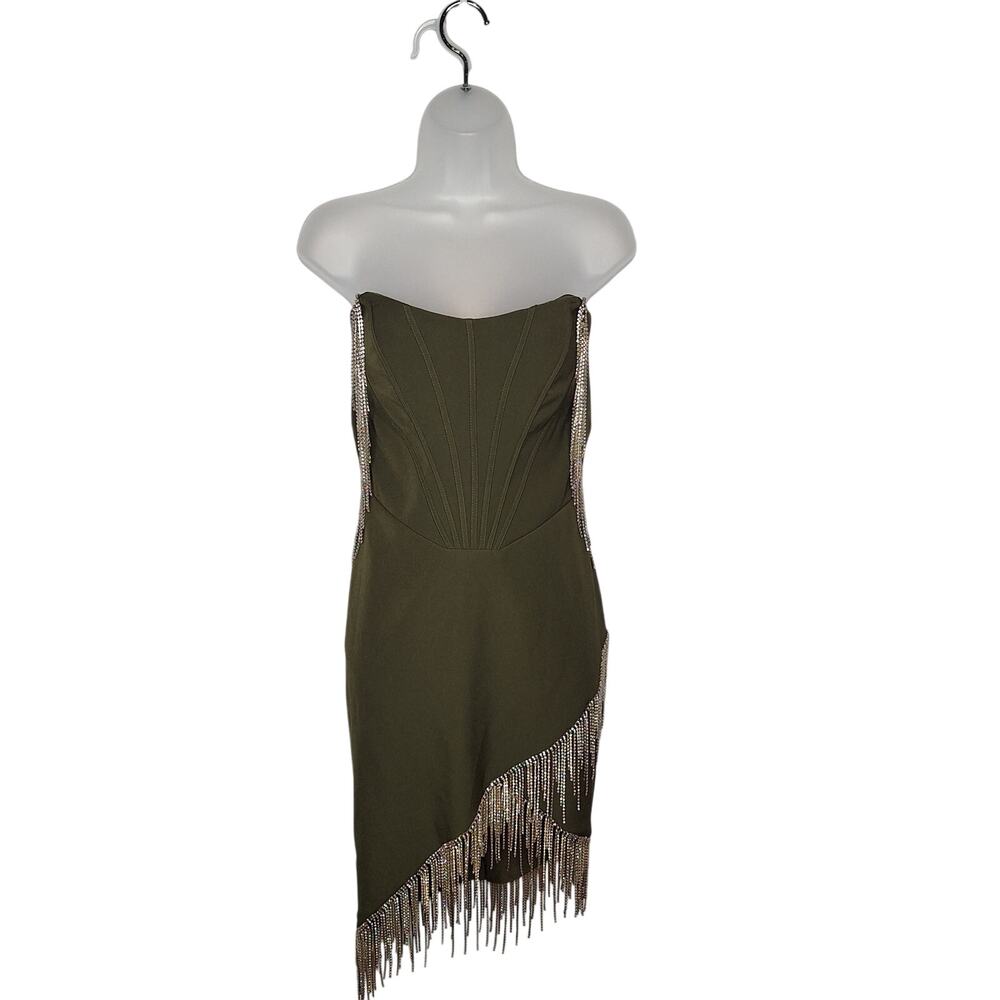 Lavish Alice Bardot Corset Mini Dress Beaded Fringe 8 Prom Swiftie Bling Khaki - Picture 3 of 13